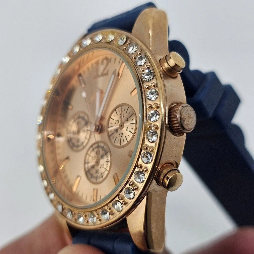 Women's Watch 38MM‎ Rose Gold Dial Crystal Bezel Blue Plastic Bands New Battery